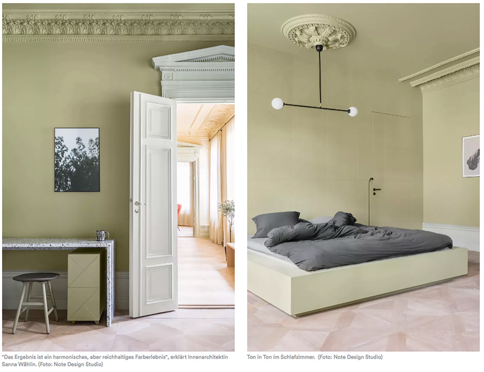 AD Magazin article page with two images of a green-walled Berlin apartment