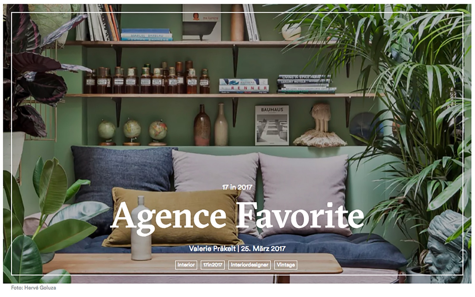 AD Magazin article header for Agence Favorite over a green interior with plants