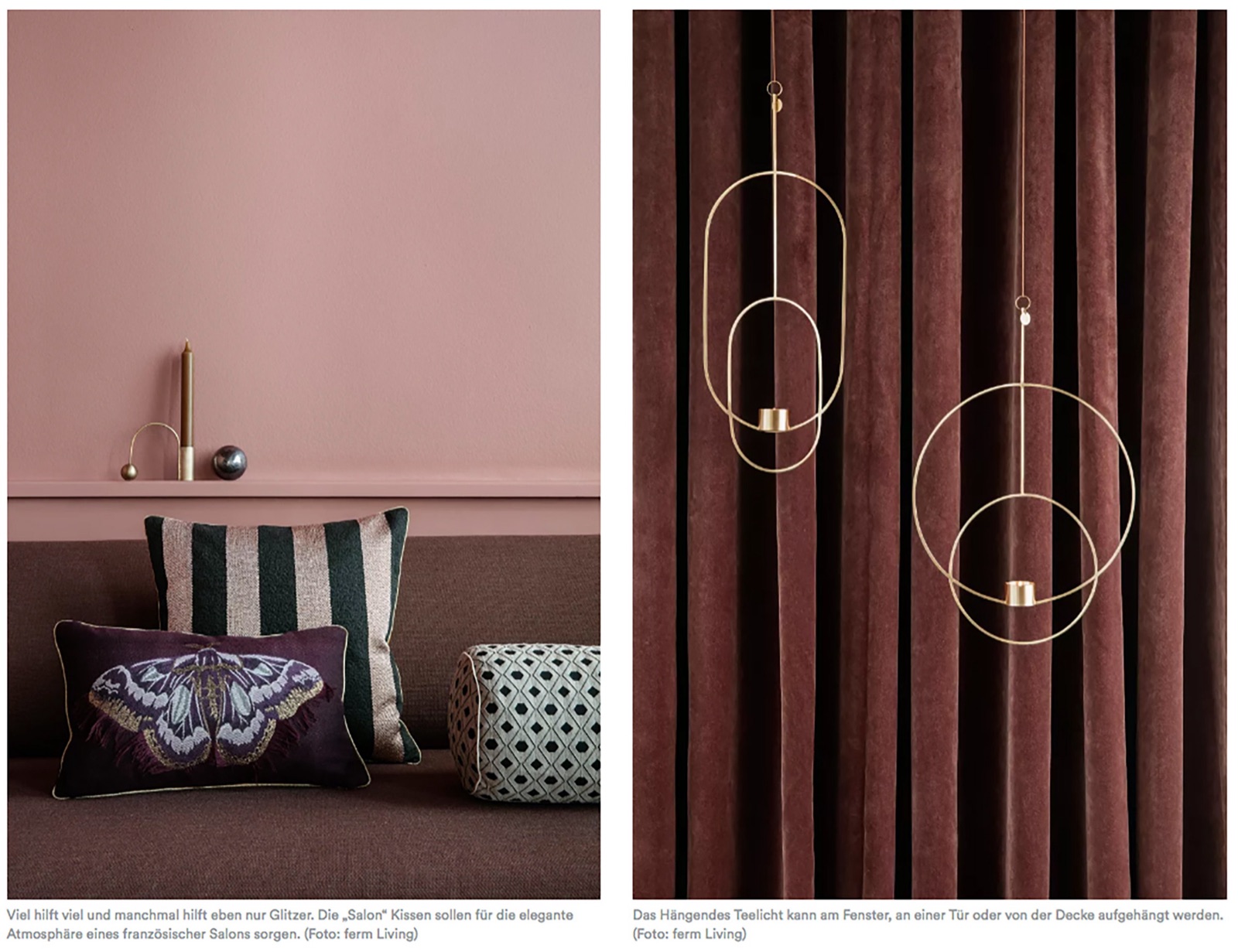 AD Magazin article page with pink and burgundy interior images and captions