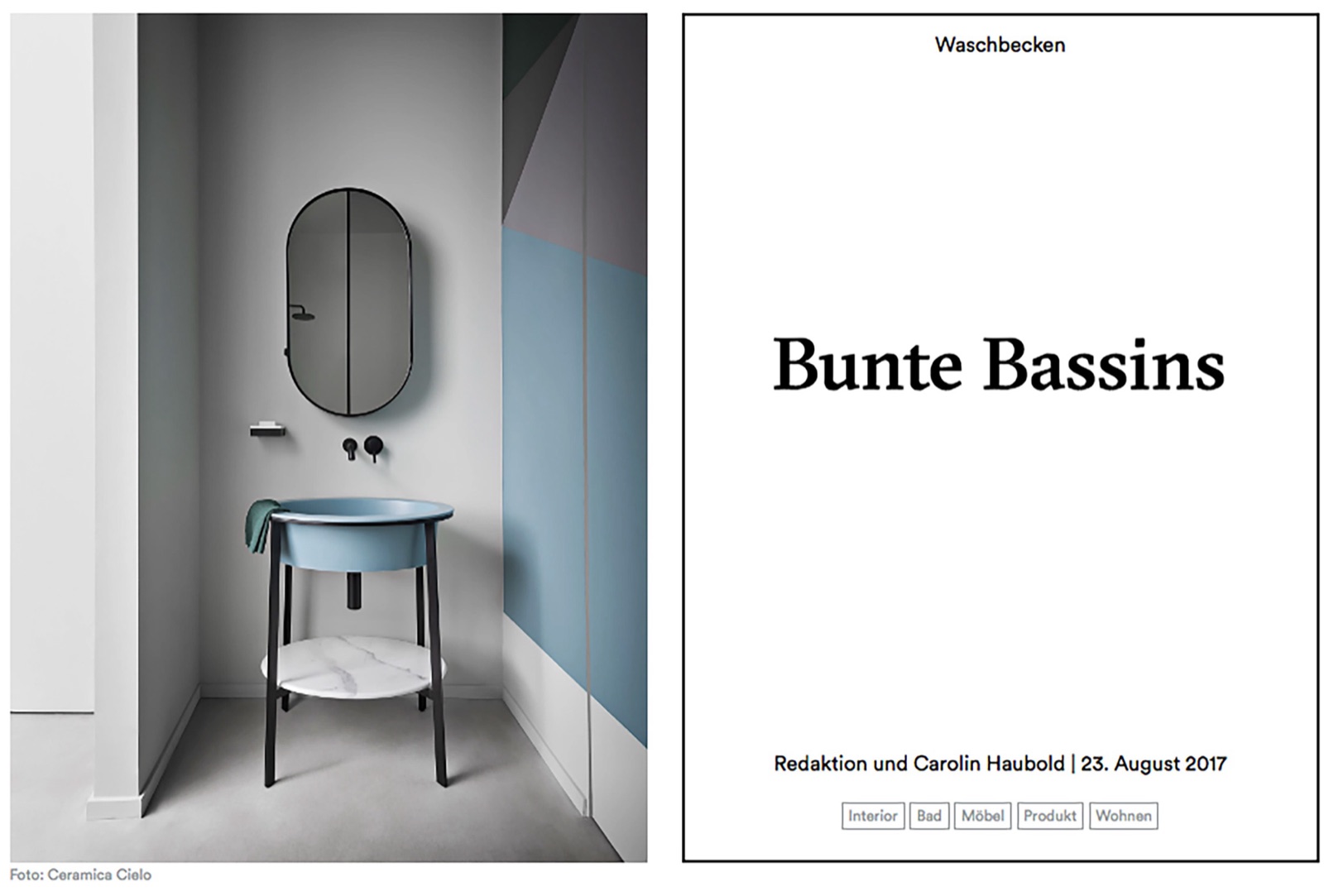 AD Magazin article teaser Bunte Bassins with a blue washbasin image