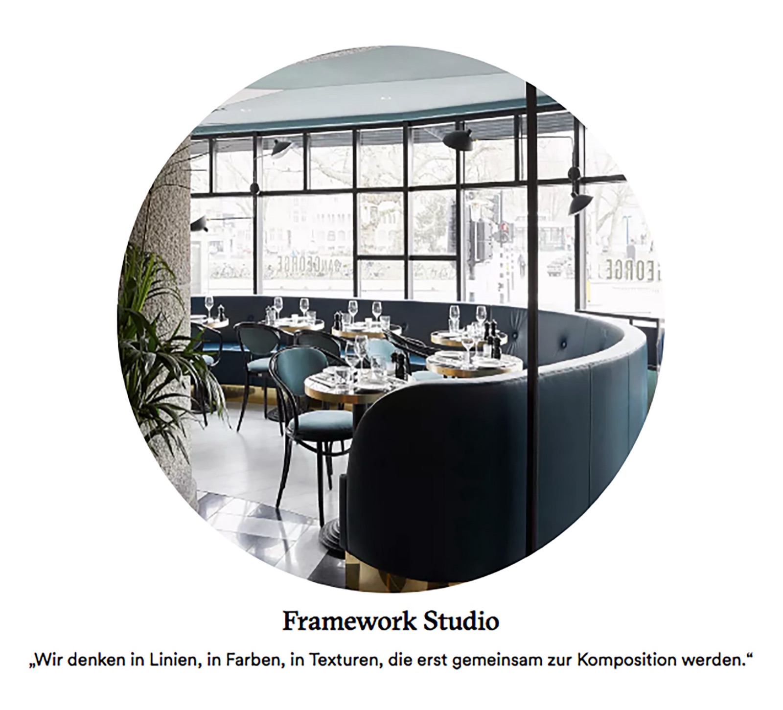 AD Magazin designer profile for Framework Studio with a circular restaurant image