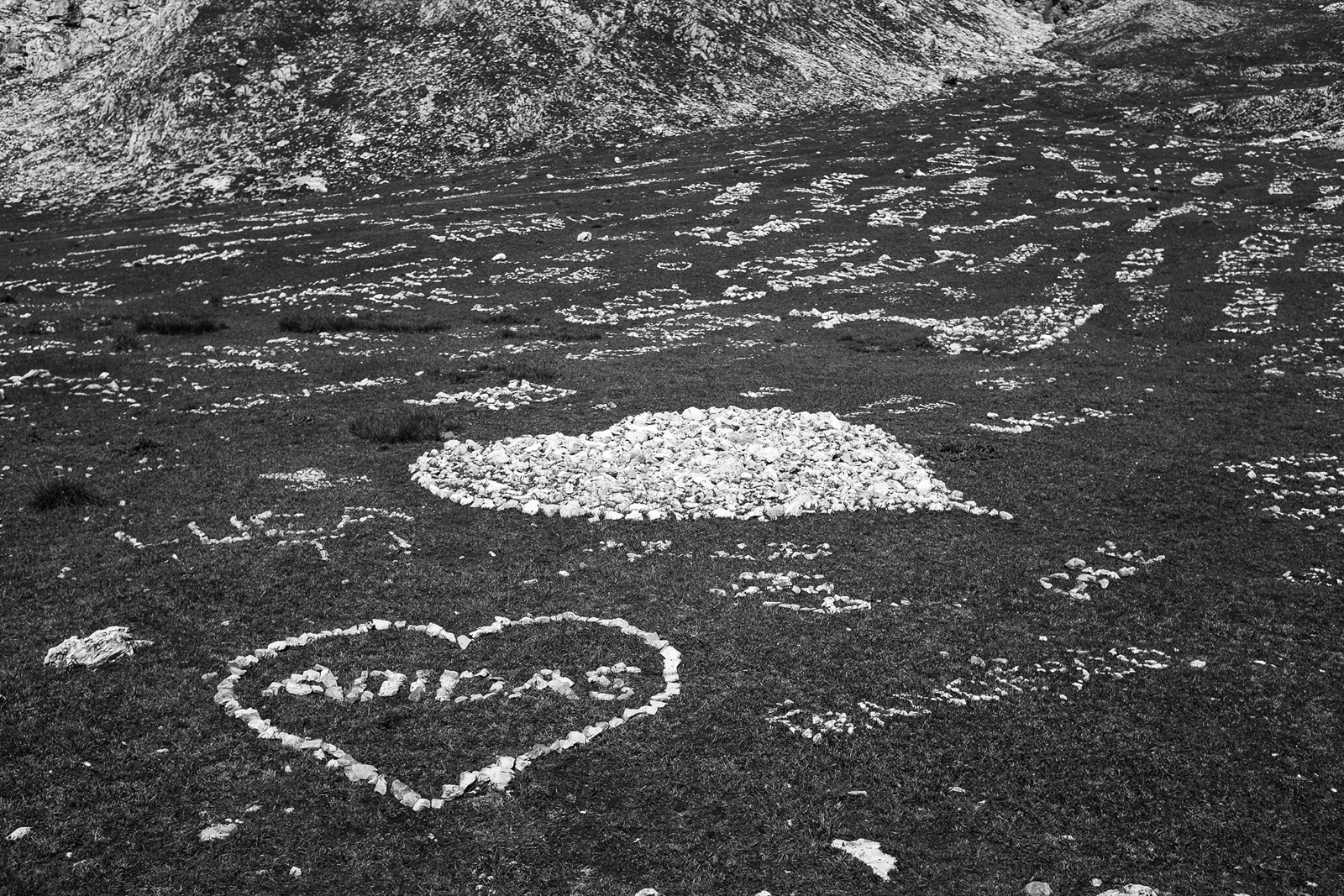 adidas name and heart laid out in white stones on an alpine meadow