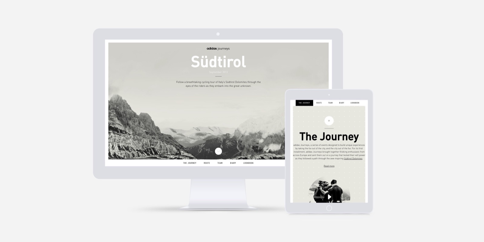 adidas Journeys website showing the Südtirol route and The Journey page on desktop and tablet