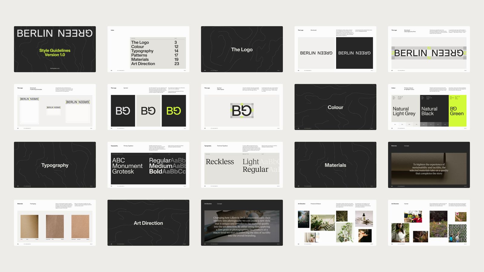 Berlin Green brand guidelines pages for logo, colour, typography, materials and art direction