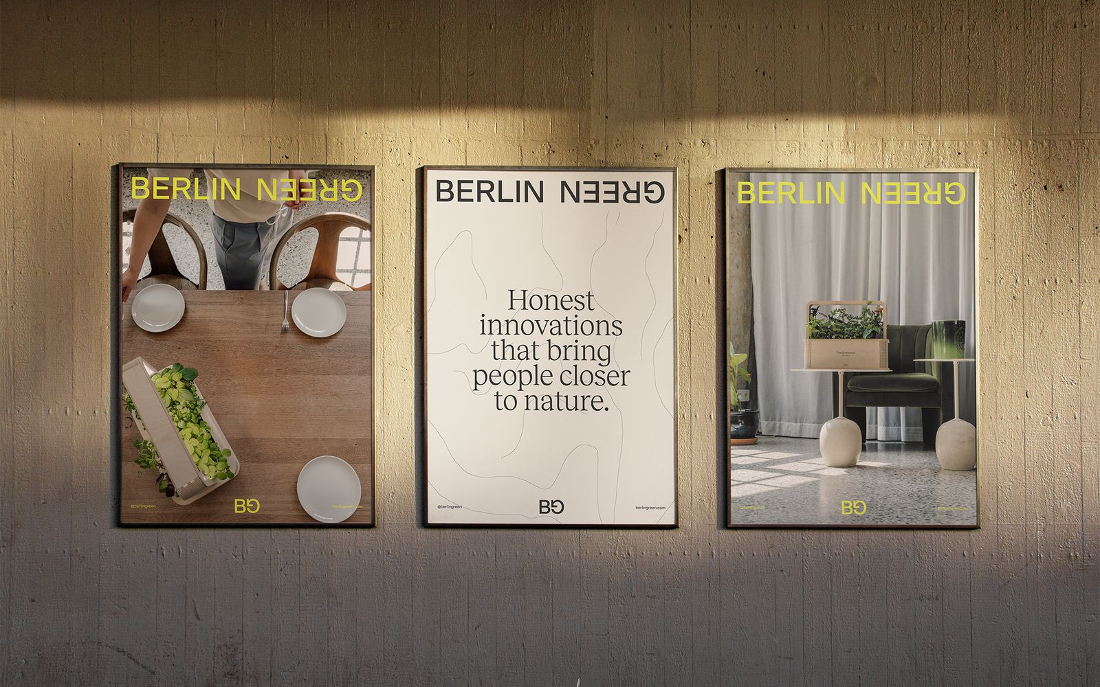 Three framed Berlin Green posters with food photography and the brand line on a wooden wall
