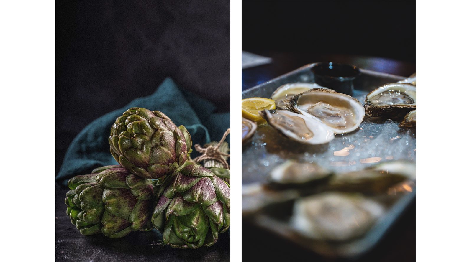 Artichokes on a dark cloth and oysters on ice