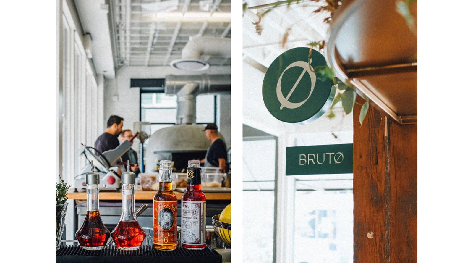 Brutø bar with chefs at work and the round hanging sign