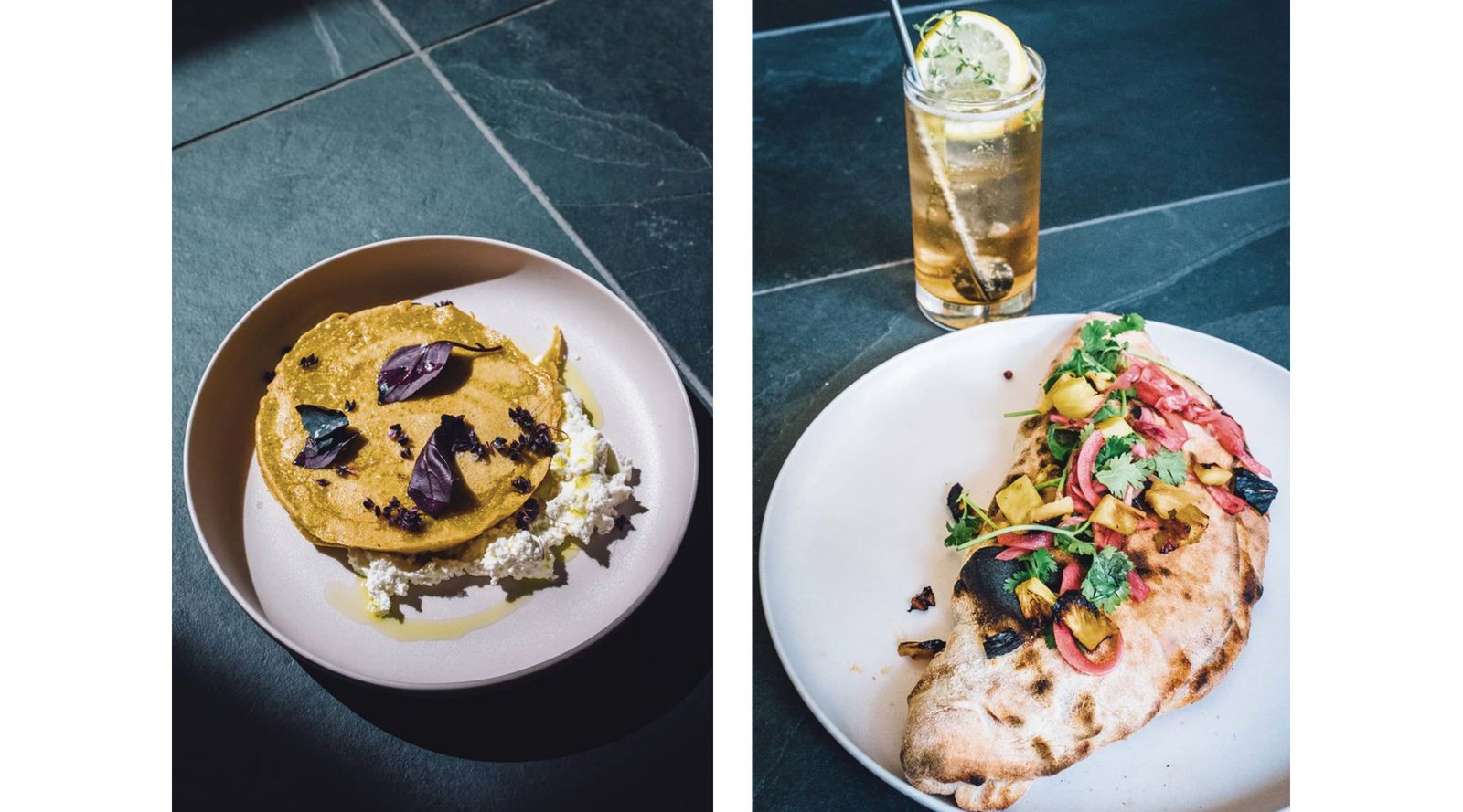 Two Brutø dishes and an iced drink on a slate floor