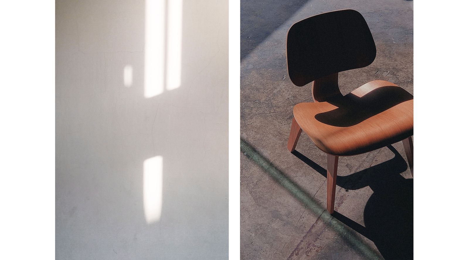 Window light on a white wall and a moulded wooden chair at Brutø