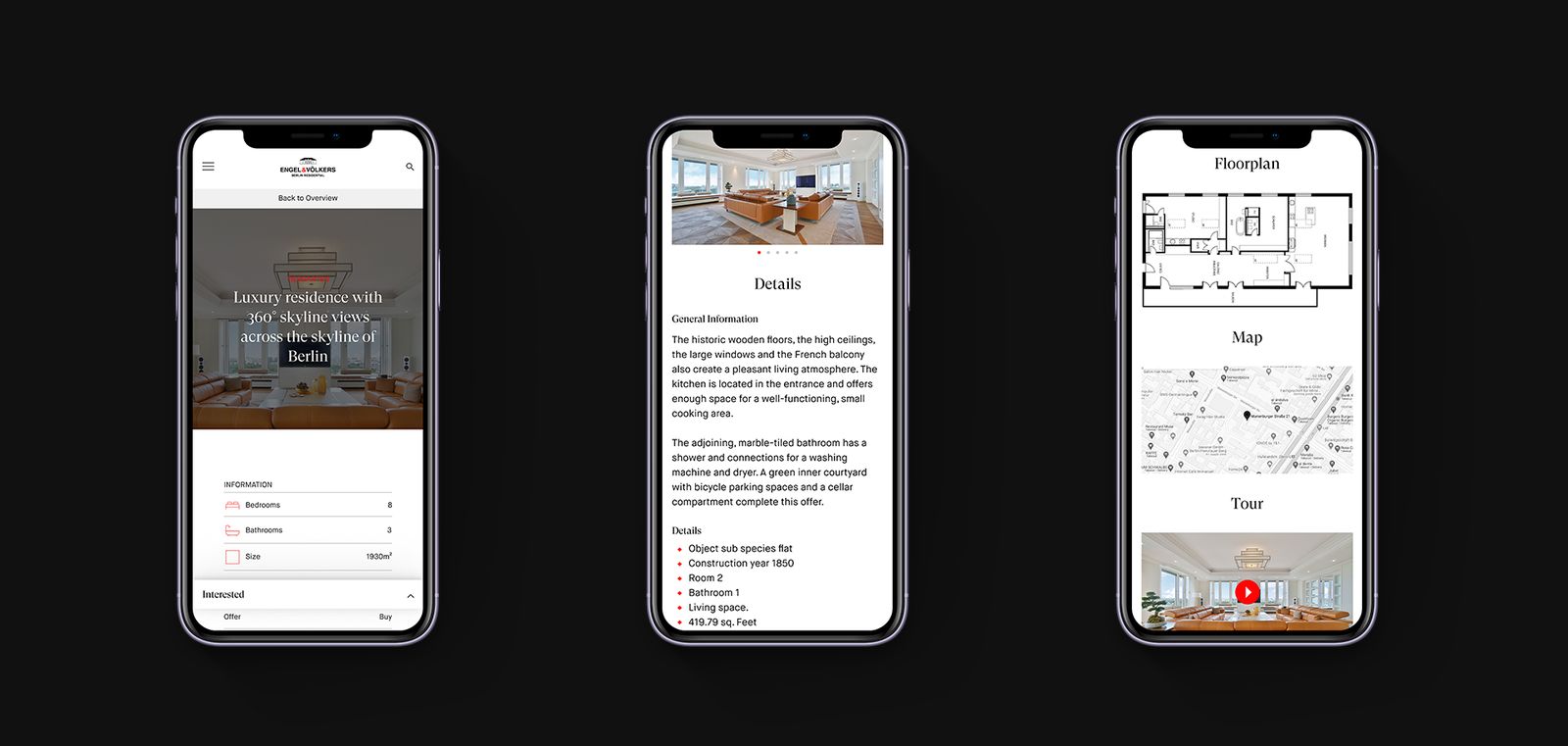 Three iPhones showing a property listing, its details and the floorplan