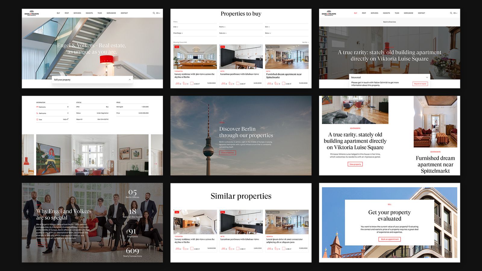 Nine Engel & Völkers website pages laid out in a grid