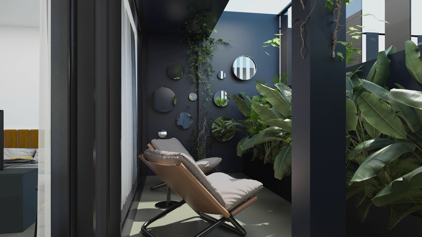 Hotel terrace with a lounge chair, round mirrors and tropical plants