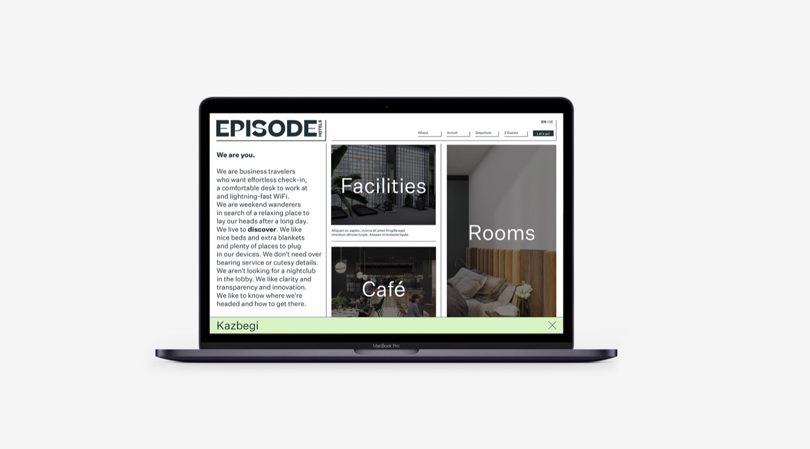 Episode Hotels website on a laptop with Facilities, Rooms and Café tiles