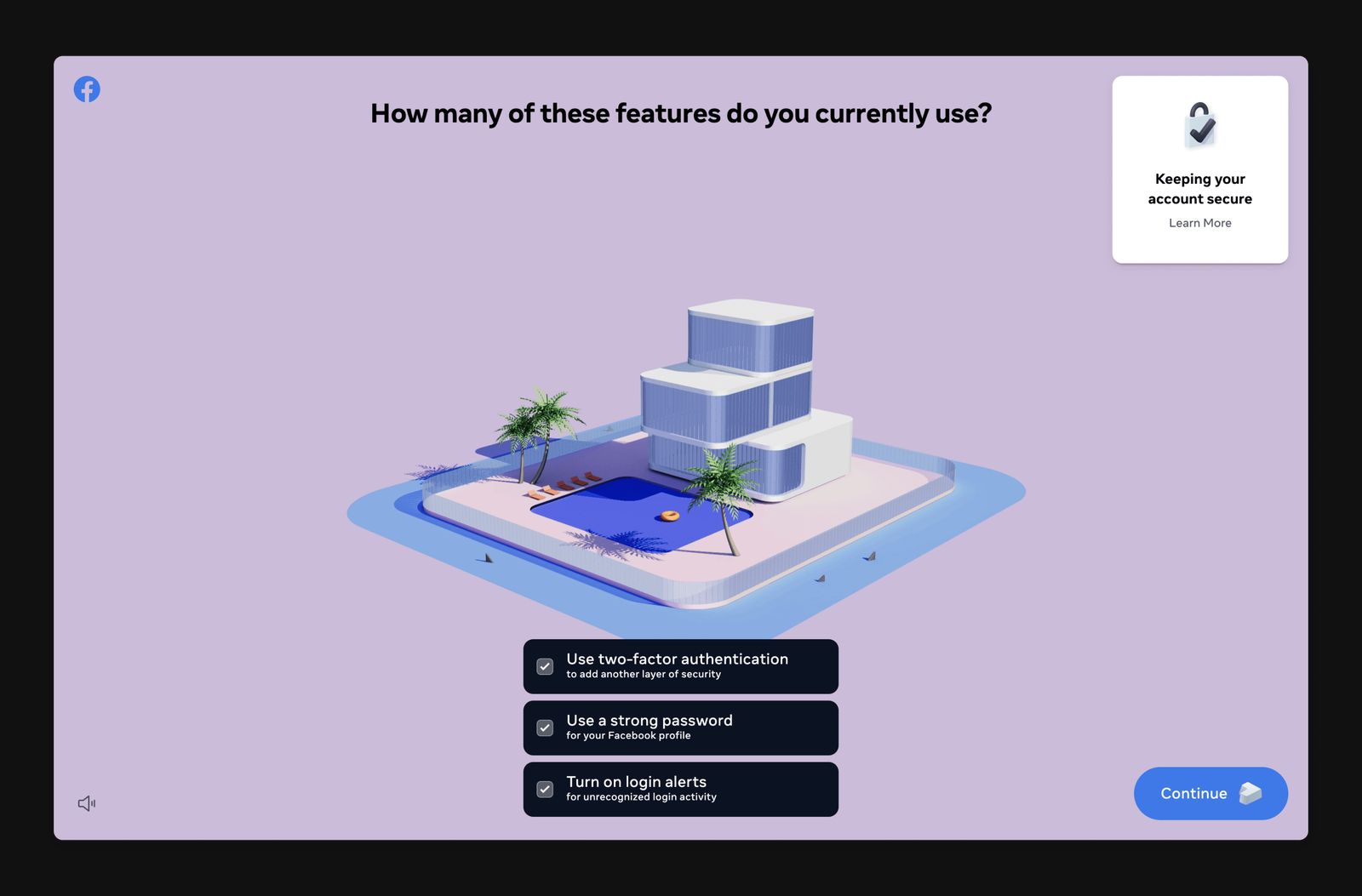 Chapter three on desktop: account security features around a house with a pool
