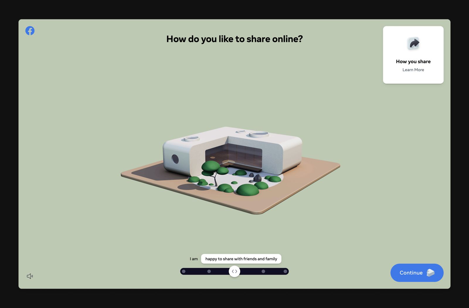 Chapter one on desktop: how do you like to share online, with an open-plan house on a green background