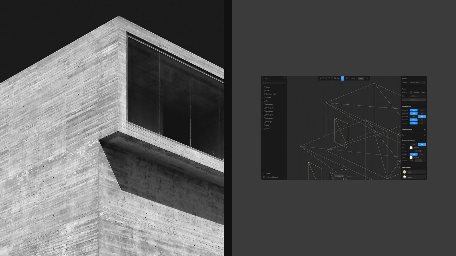 Board-marked concrete architecture reference next to an early 3D house model in progress
