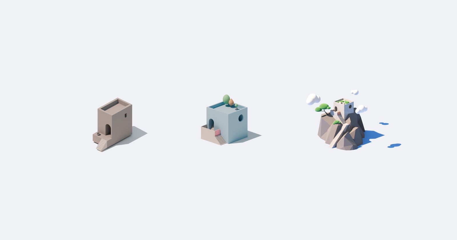 Three small 3D house models, from closed and introverted to open and extroverted