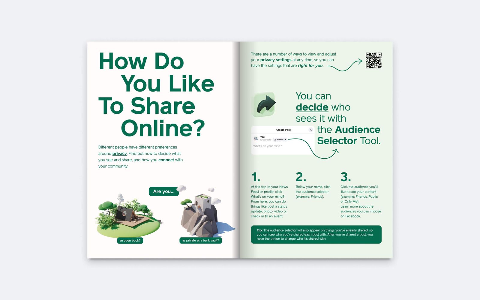 Printed guide spread asking how you like to share online, with the audience selector explained