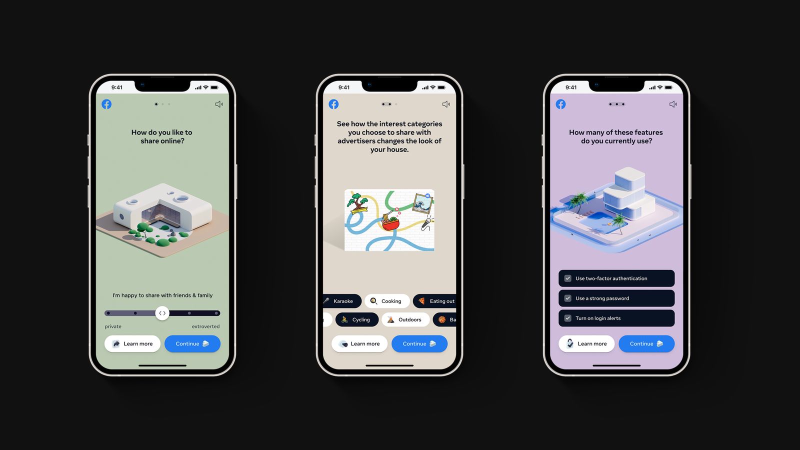 Three phones showing the opening screen of each Your Home chapter