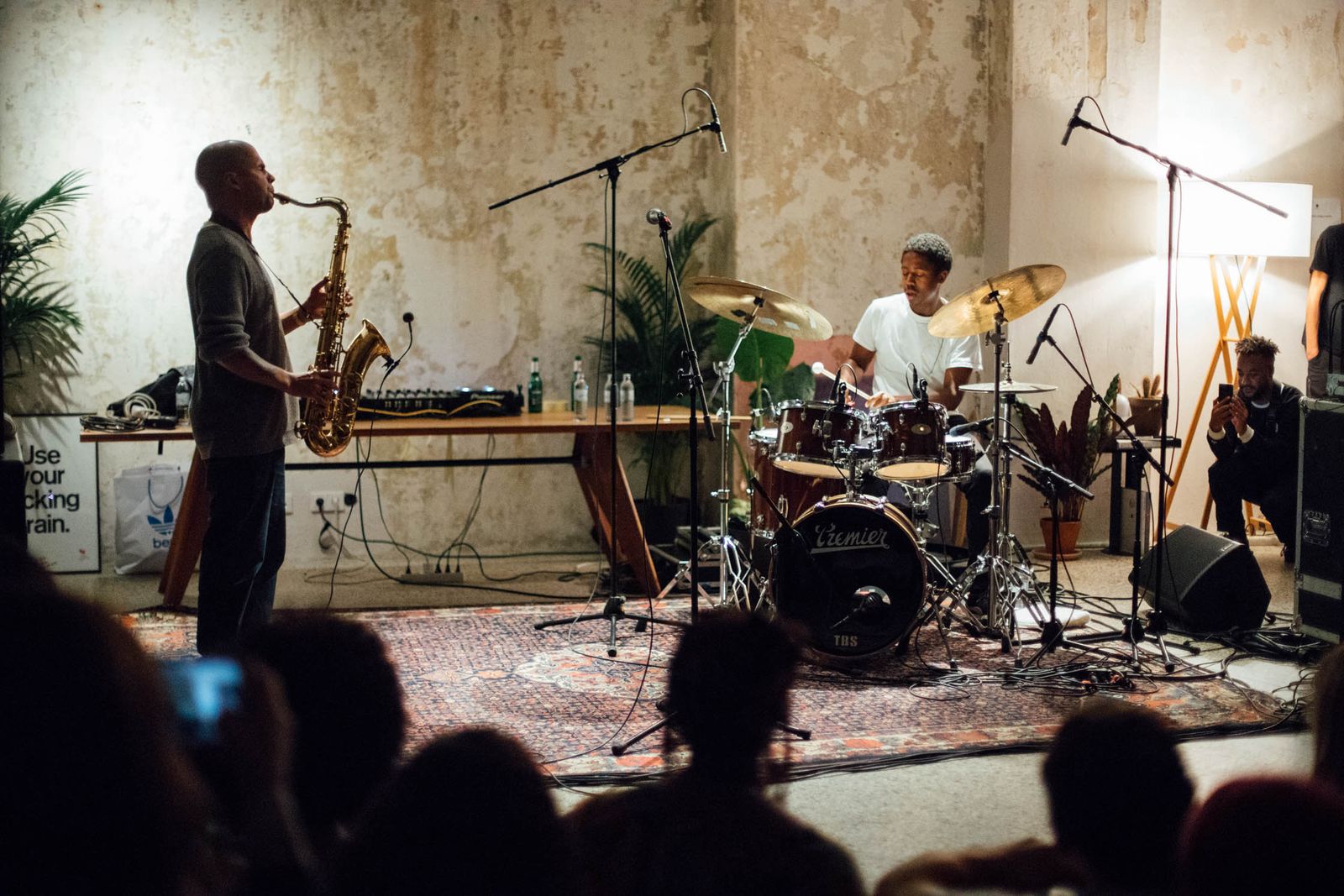 Saxophone and drums duo playing a jazz concert in the Friends Space