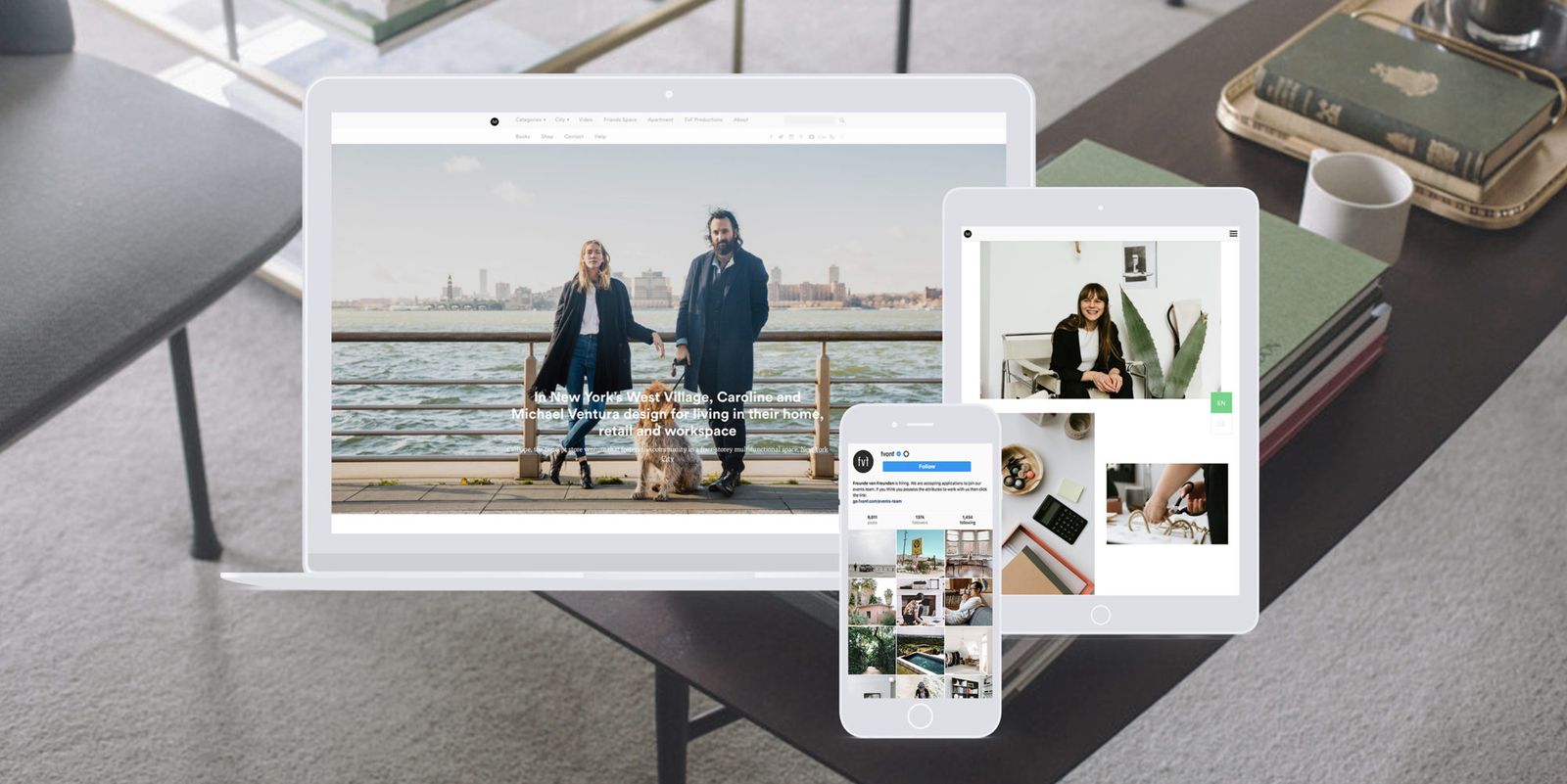 Freunde von Freunden website on laptop, tablet and phone on a desk
