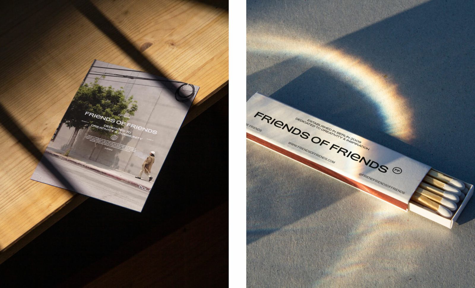 Friends of Friends matchbox and booklet in sunlight