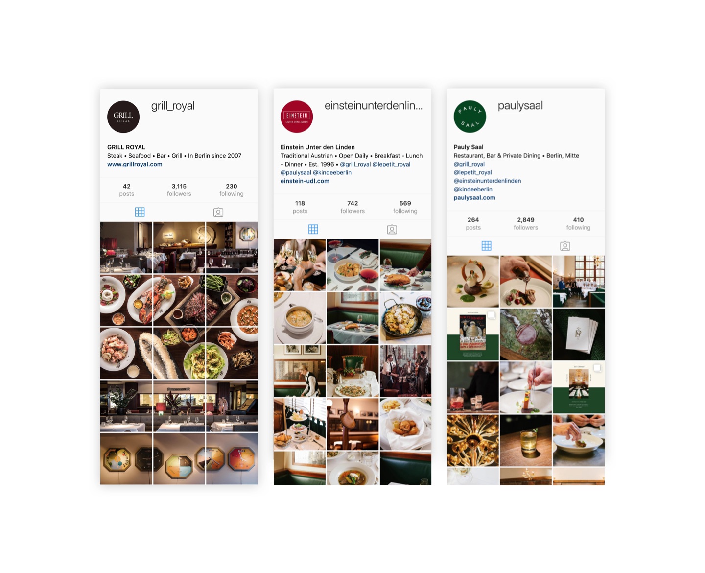 Instagram profiles for Grill Royal, Einstein Unter den Linden and Pauly Saal
