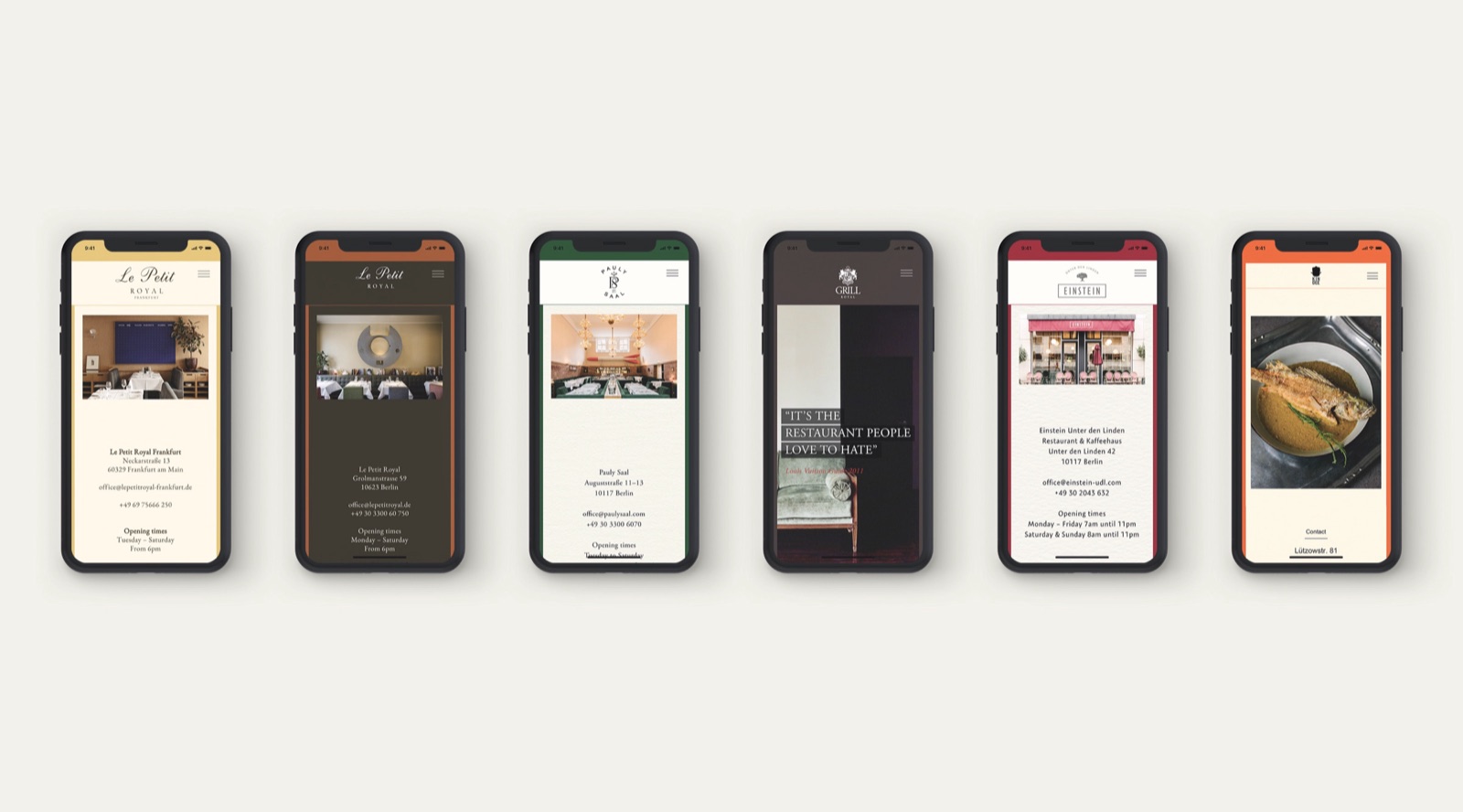Six Grill Royal Group restaurant websites on mobile phones, each in its own colour palette