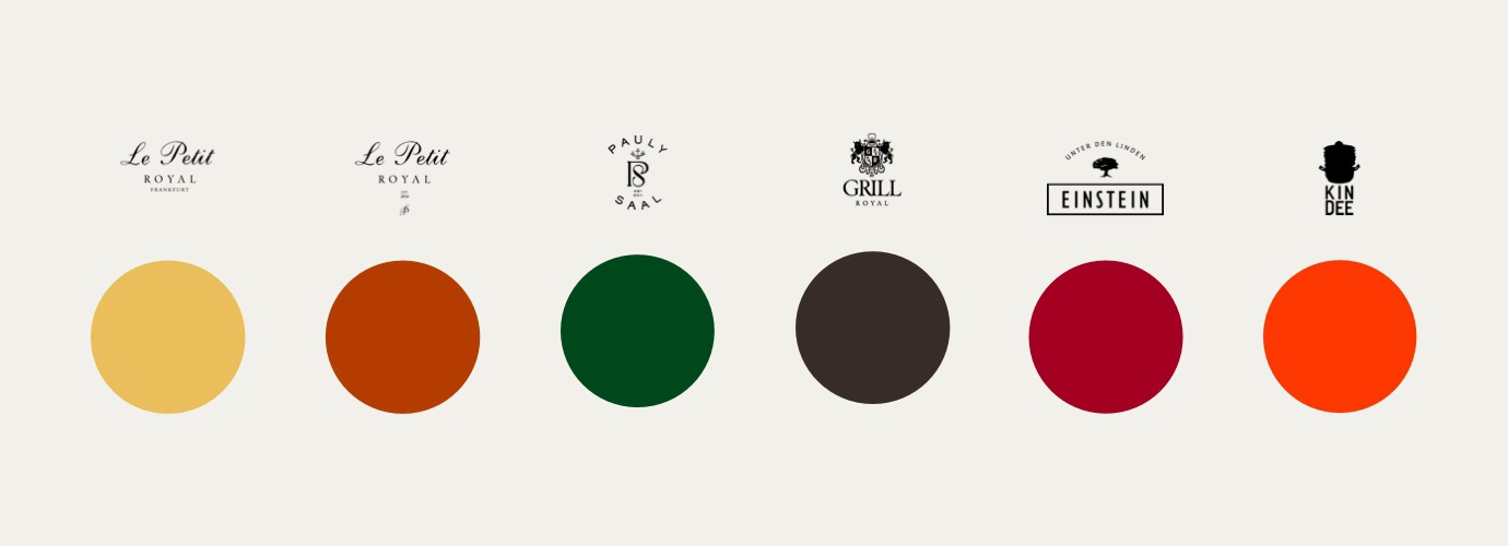 Grill Royal Group restaurant logos for Le Petit Royal, Pauly Saal, Grill Royal, Einstein and Kin Dee, each with its own colour