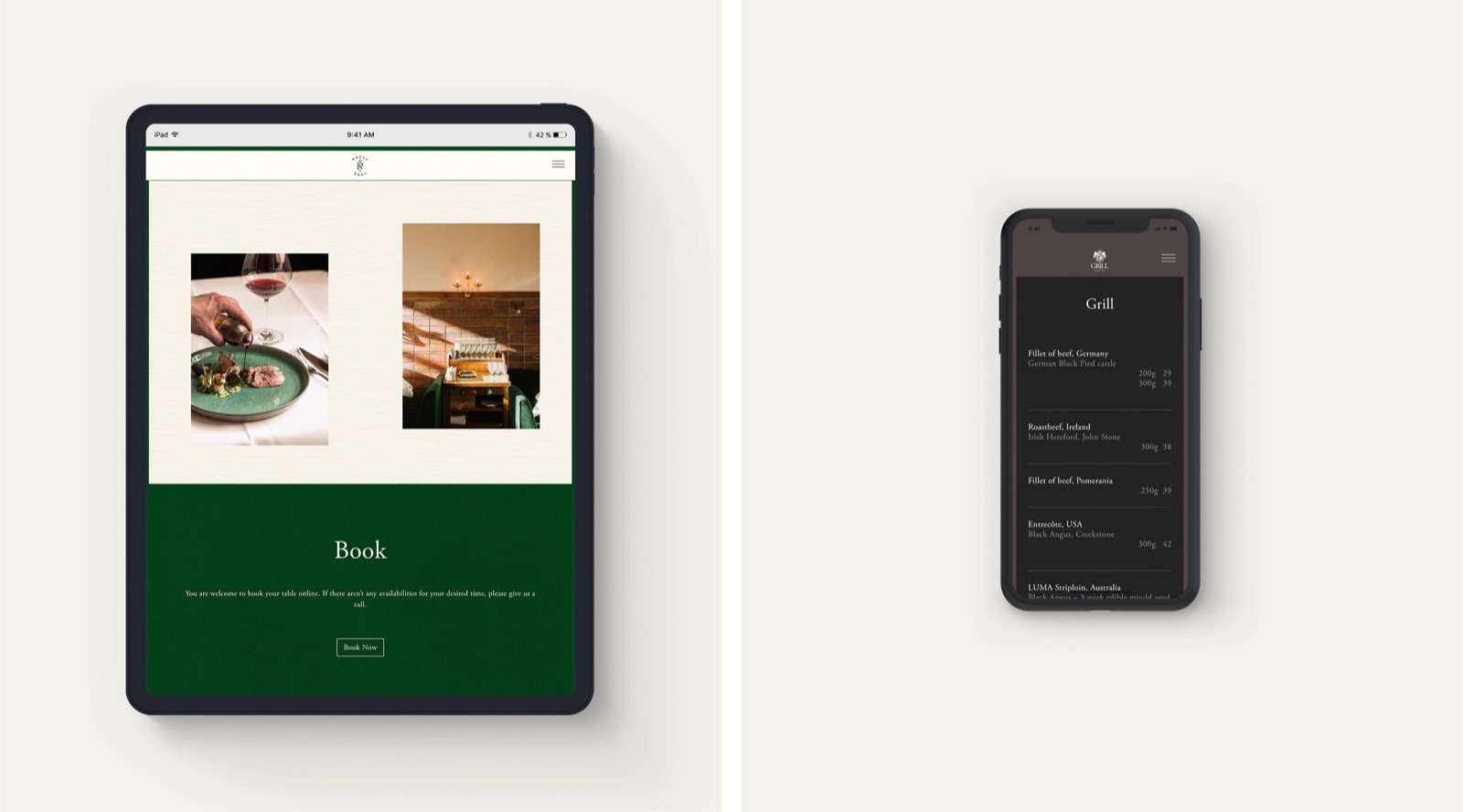 Grill Royal Group website on tablet with booking page and on mobile with the menu