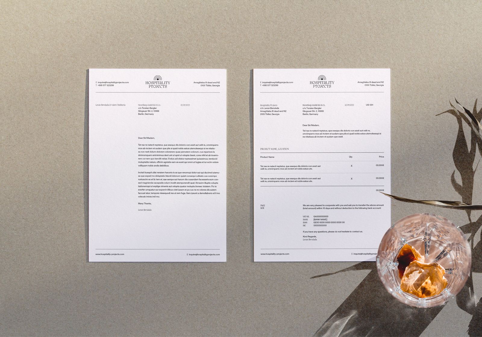 Hospitality Projects letterhead and invoice with a glass of whisky