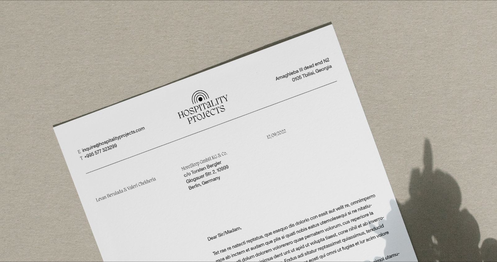 Hospitality Projects letterhead detail with the sun mark
