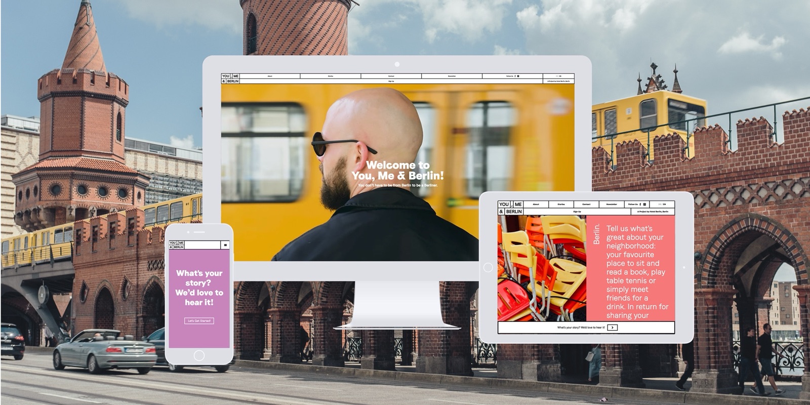 You, Me & Berlin website for Hotel Berlin, Berlin on desktop, tablet and phone in front of the Oberbaum Bridge