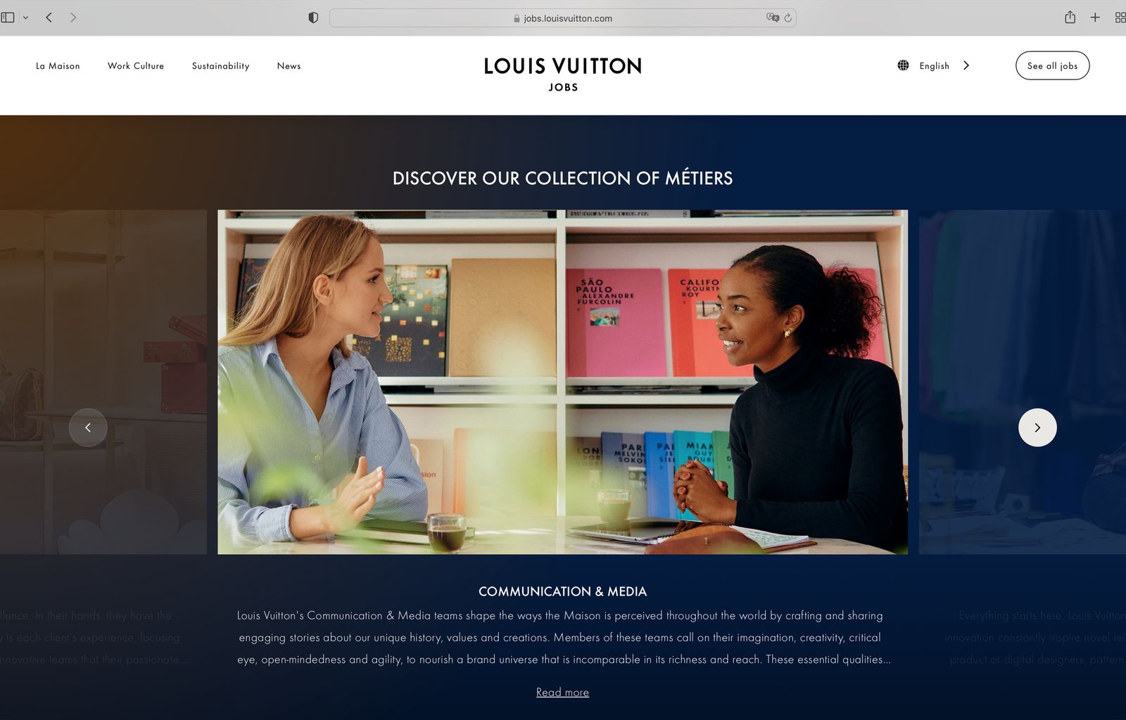 Louis Vuitton careers website, collection of métiers page with campaign photography
