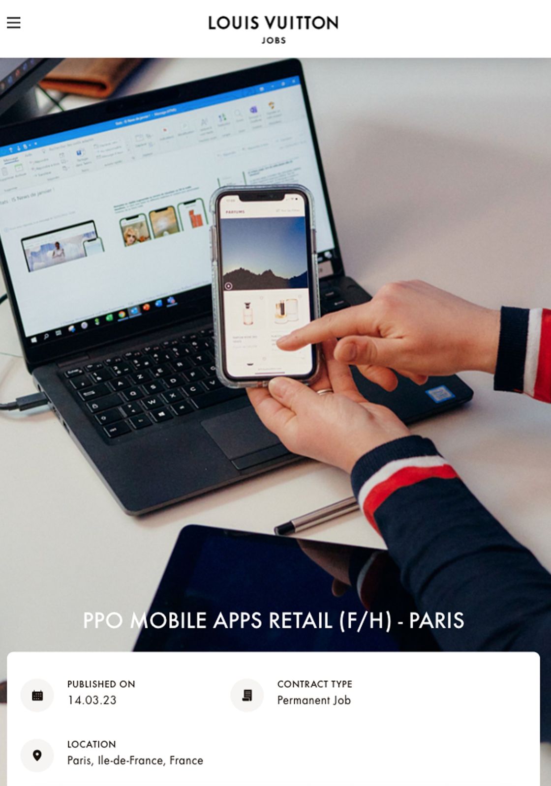 Louis Vuitton careers website on a phone, job listing with campaign photography