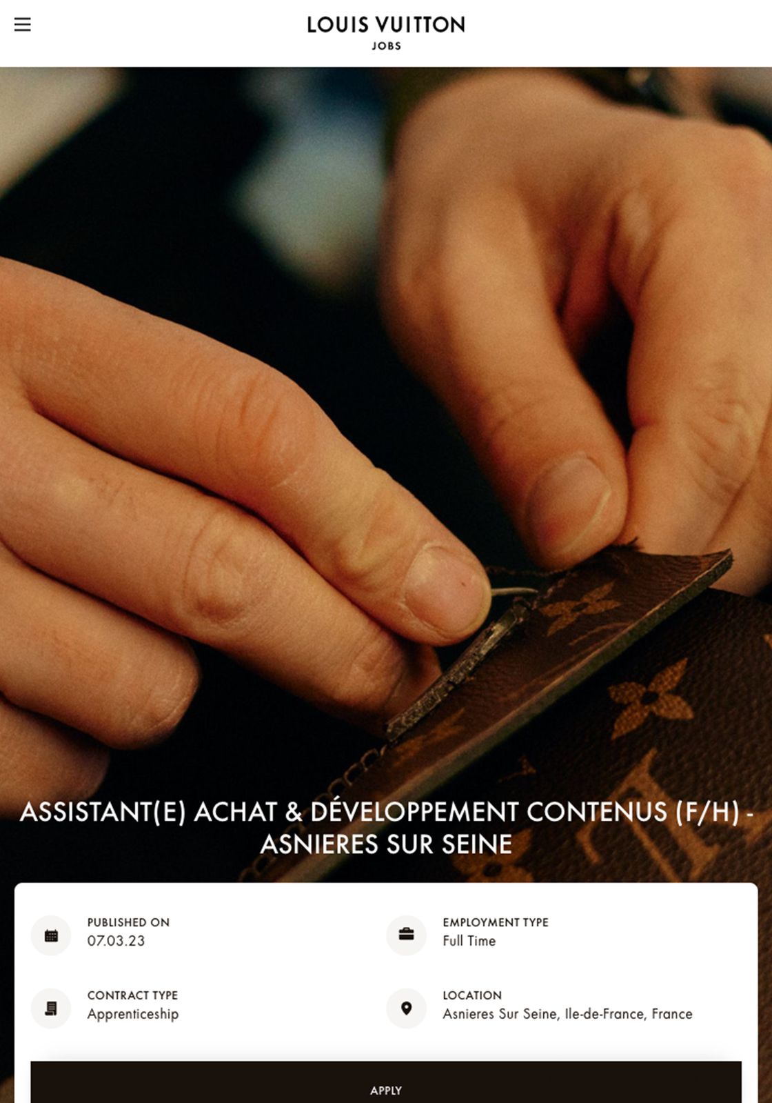 Louis Vuitton careers website on a tablet, craft job listing with a close-up of hands at work