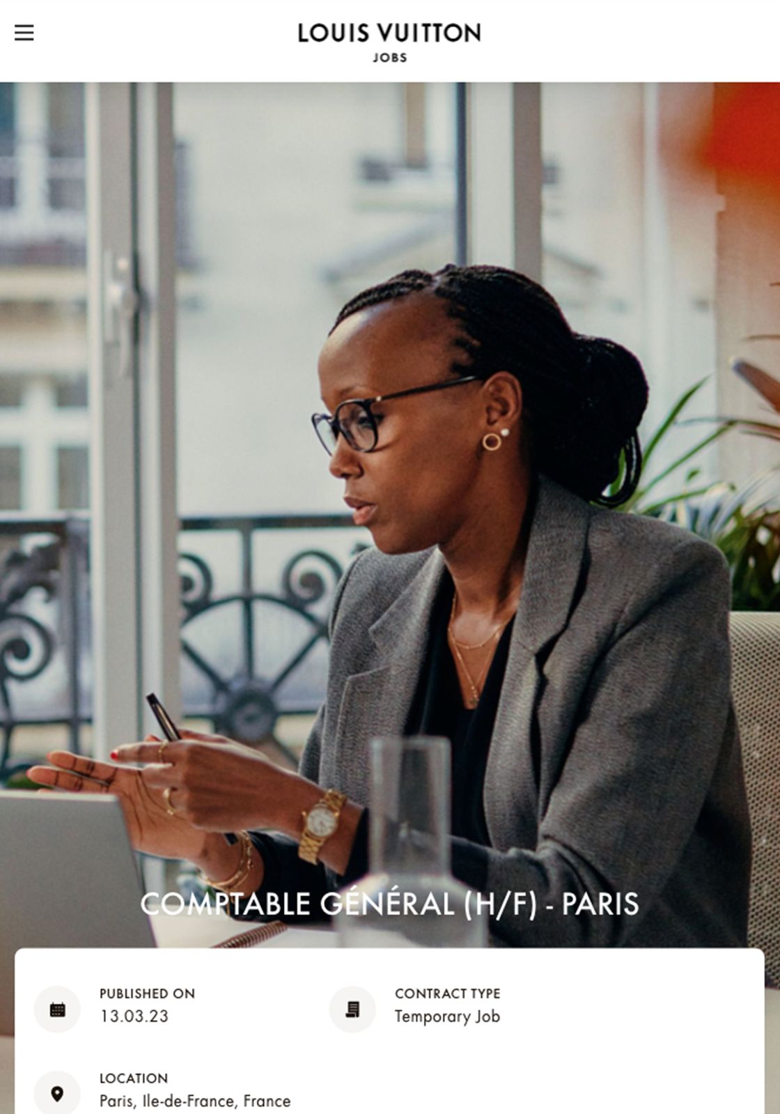 Louis Vuitton careers website on a tablet, finance job listing with a campaign portrait