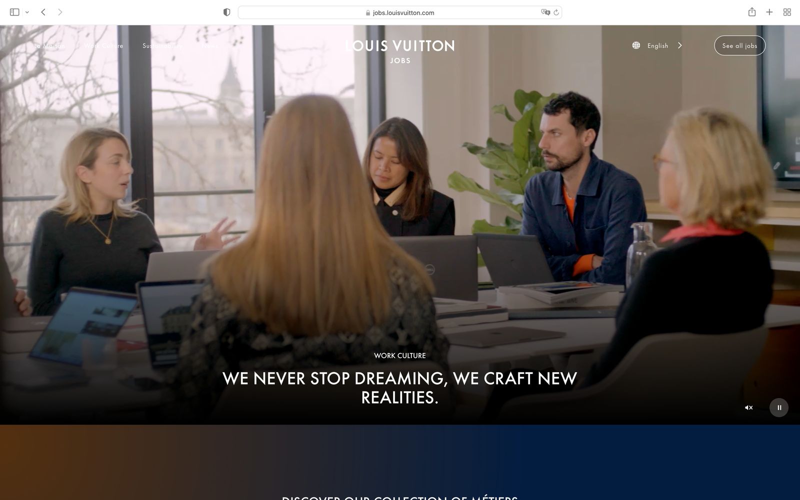 Louis Vuitton work culture page with the campaign film in a team meeting