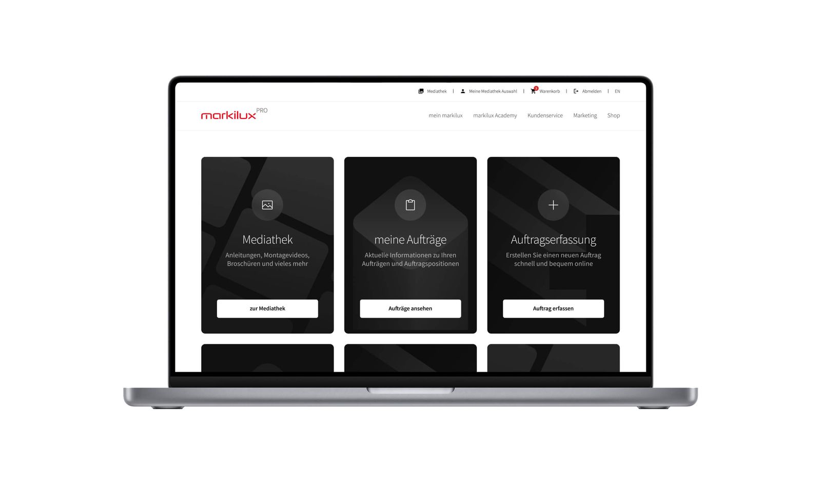 Markilux Pro dashboard with media library, orders and order entry on a laptop