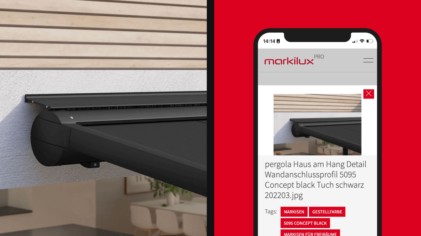 Black awning profile next to its Markilux Pro media detail page on a phone