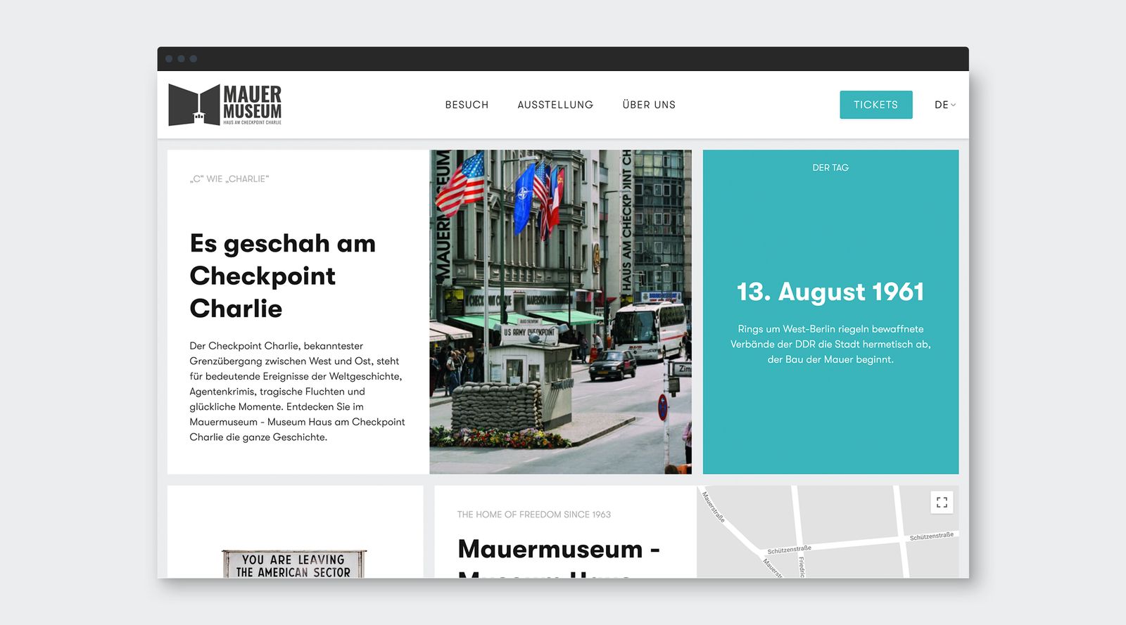 Mauermuseum website homepage on desktop with the Checkpoint Charlie story and a 13 August 1961 date tile