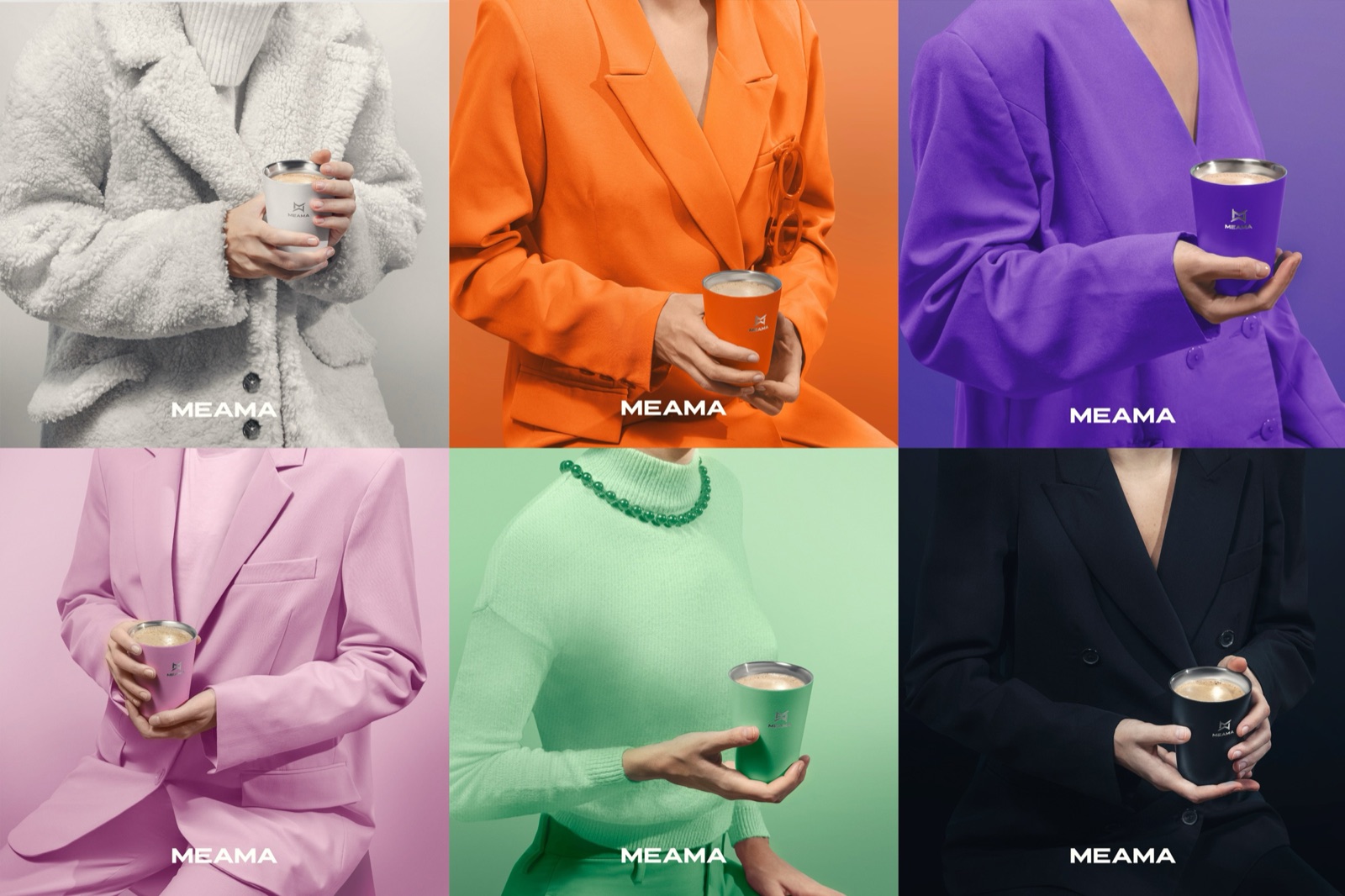 Six Meama campaign portraits of people in coloured blazers holding Meama coffee cups