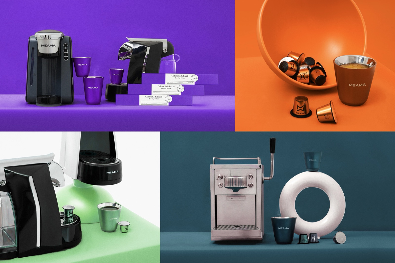 Meama coffee machines and cups styled on purple, orange, green and teal backgrounds