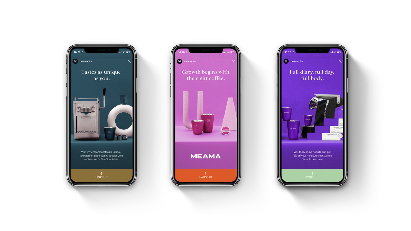 Three iPhones showing Meama Instagram posts in brand colours