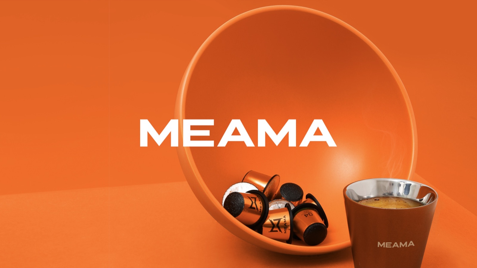 Meama logo over orange product photography of a coffee cup and capsules