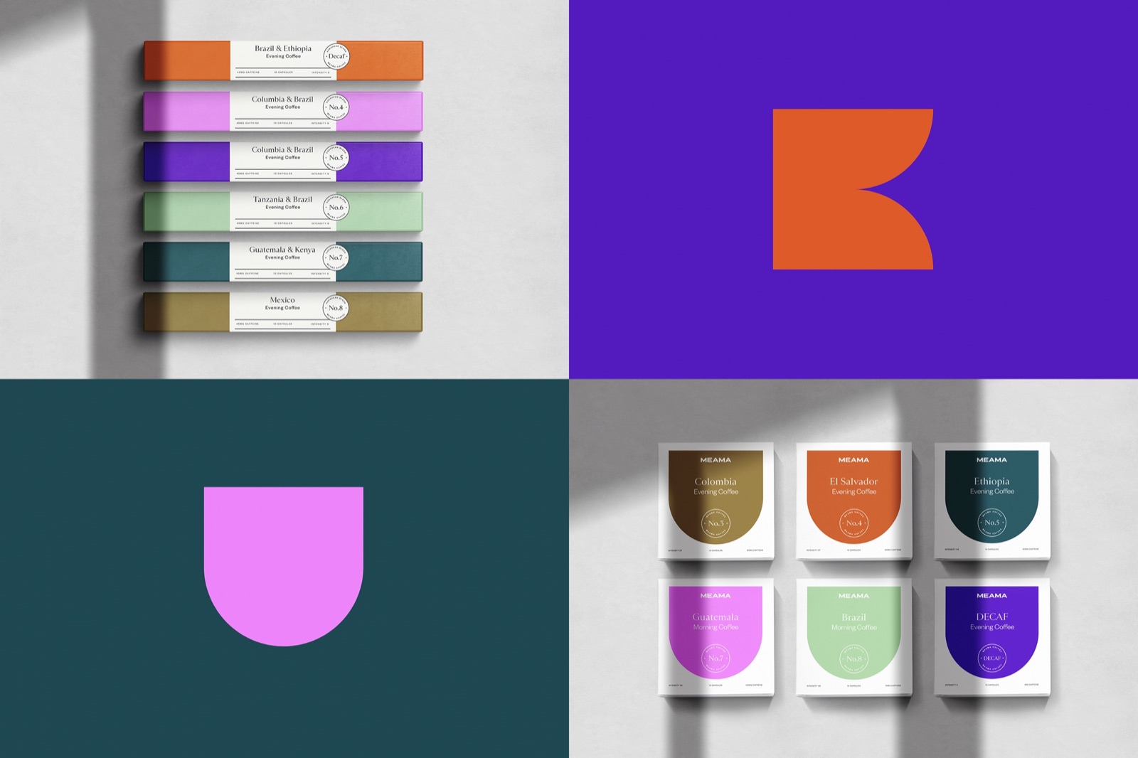 Meama packaging colour system with capsule sleeves, brand shapes and coloured boxes