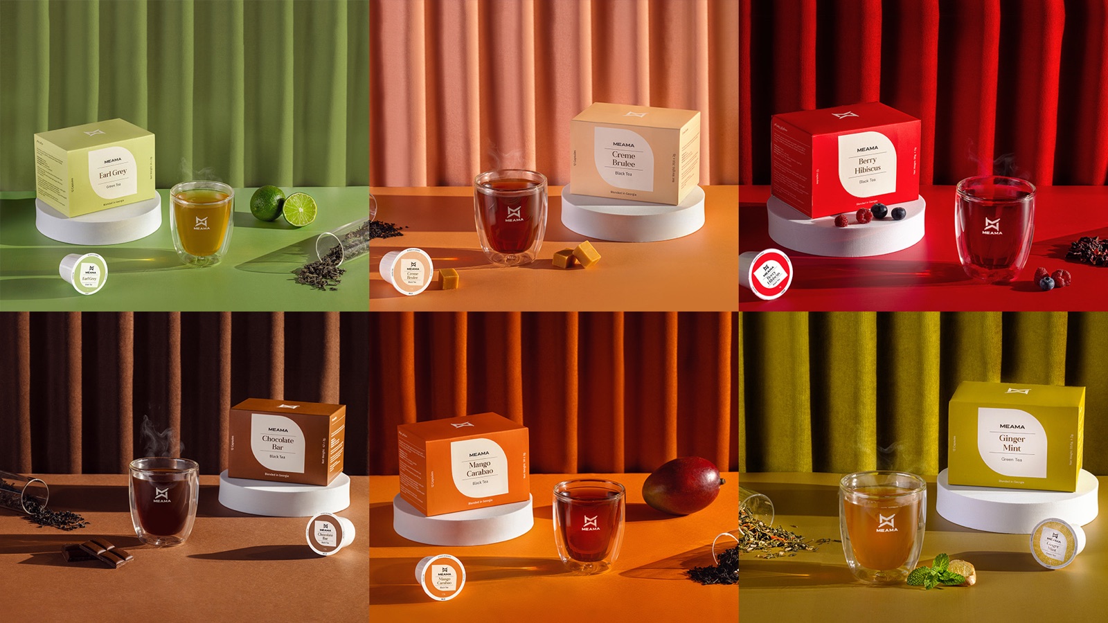 Meama coffee packaging photographed on six coloured sets with glasses of coffee