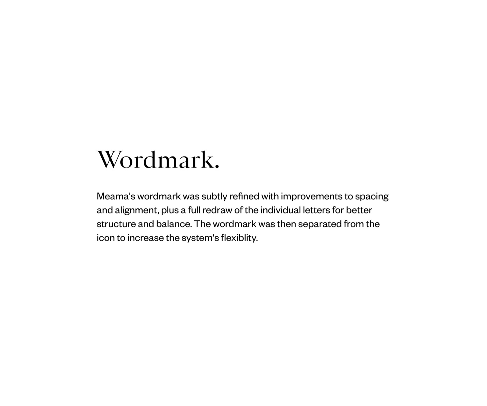 Meama wordmark design rationale page explaining refined spacing and redrawn letters