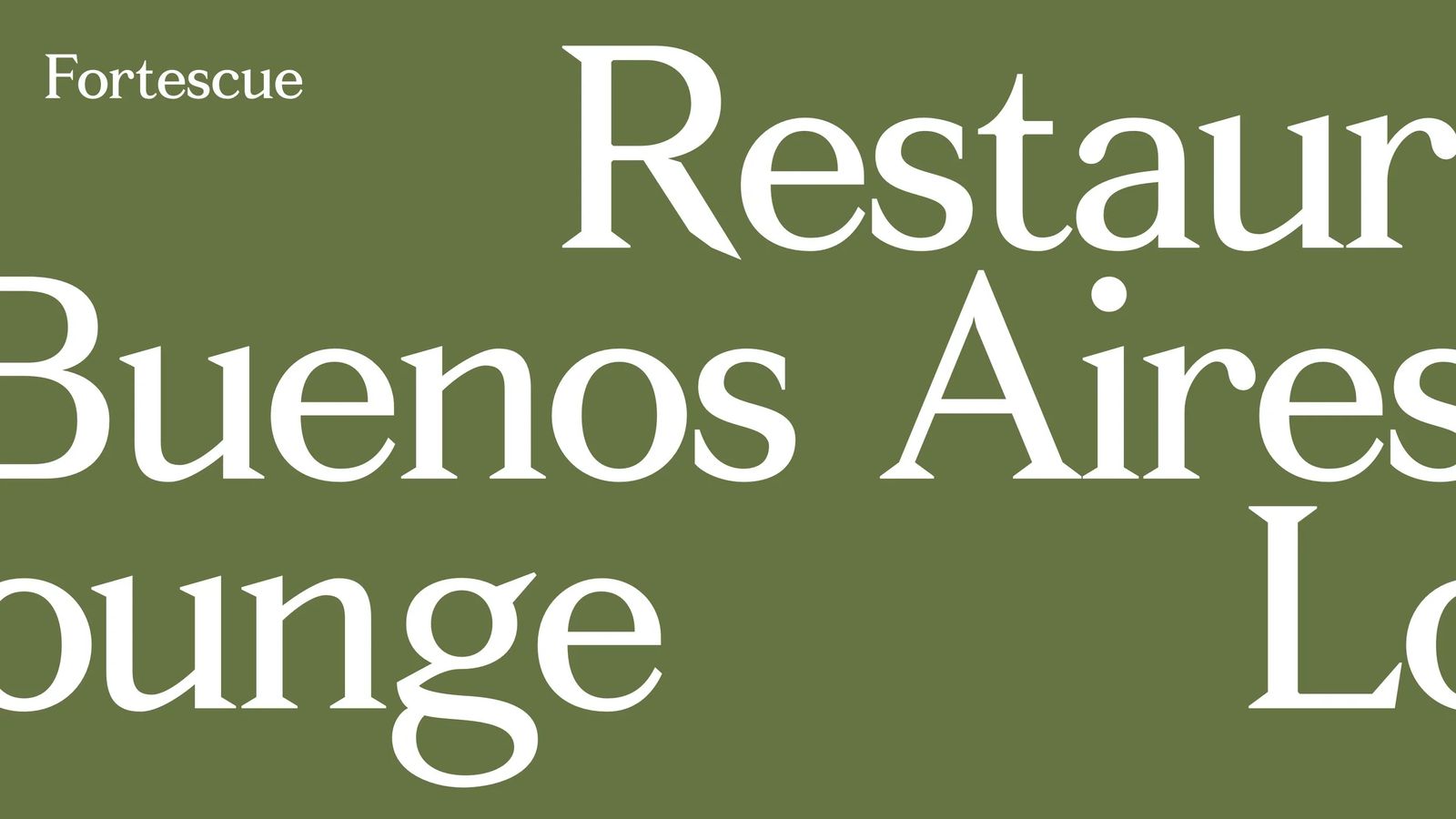 Mezcla serif typeface specimen setting Restaurant, Buenos Aires and Lounge on olive green