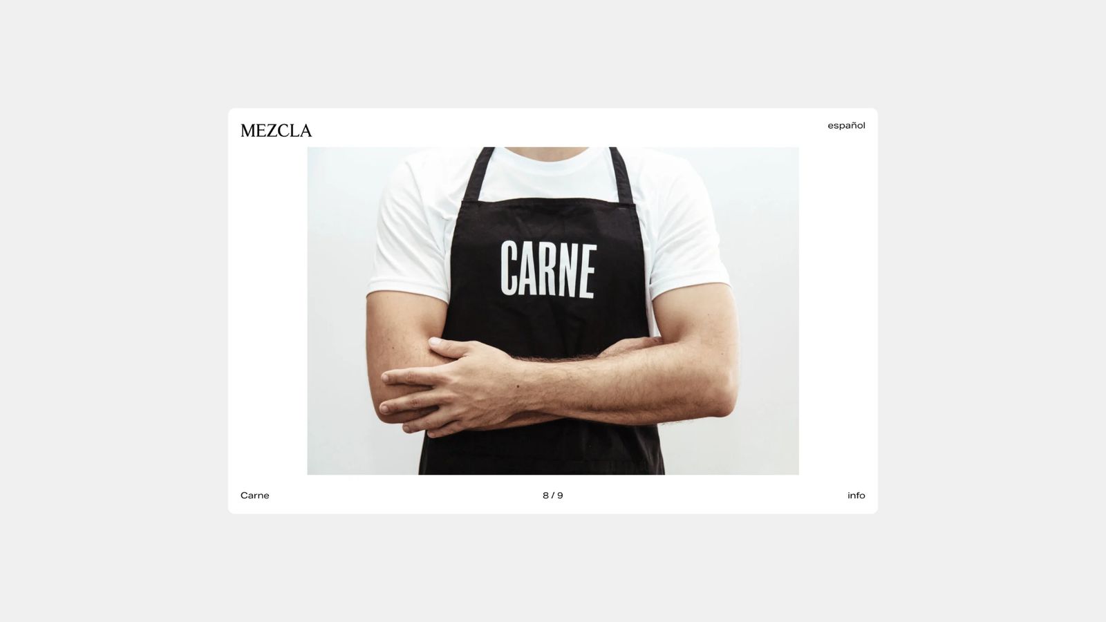 Mezcla website page for Carne with a chef in a printed apron